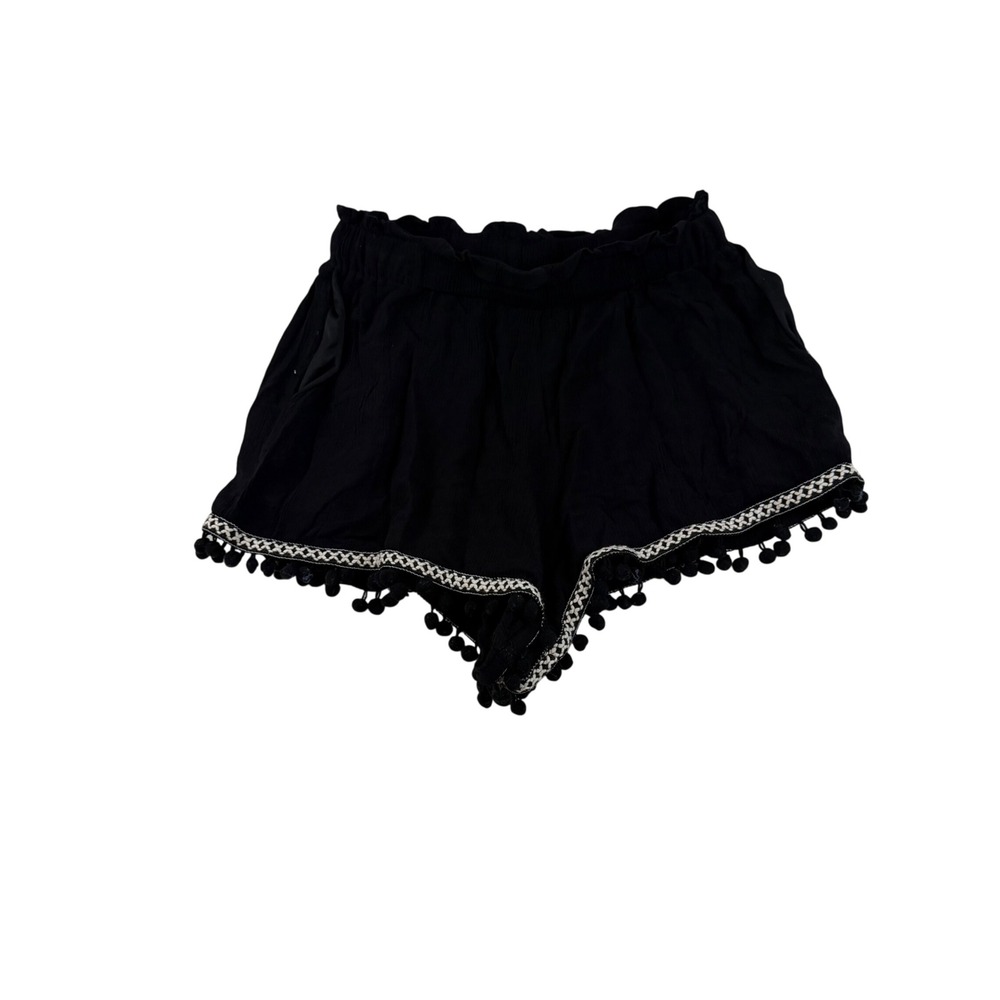 Blue Rain Black Boho Pom Pom Trim Elastic Waist Festival Shorts Small
